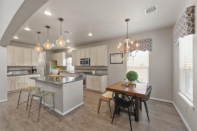 kitchen with visible vents, light wood finished floors, stainless steel appliances, decorative backsplash, and a center island