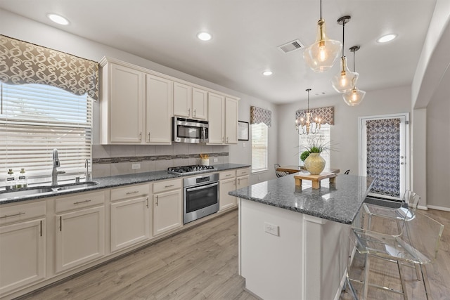 kitchen with a breakfast bar area, visible vents, a kitchen island, a sink, and stainless steel appliances