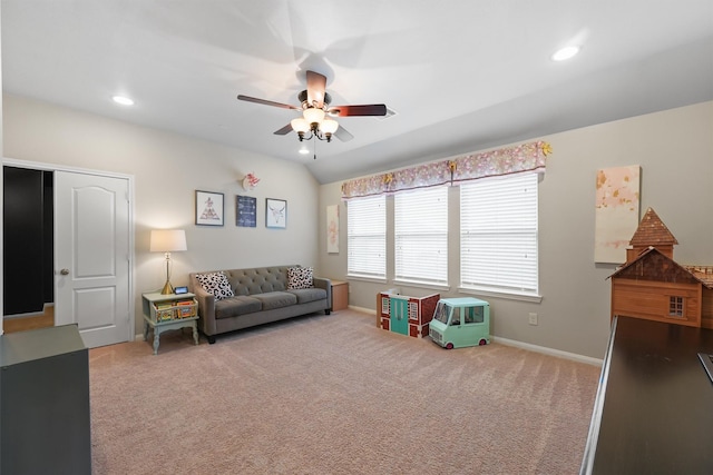 carpeted living room featuring recessed lighting, baseboards, ceiling fan, and vaulted ceiling