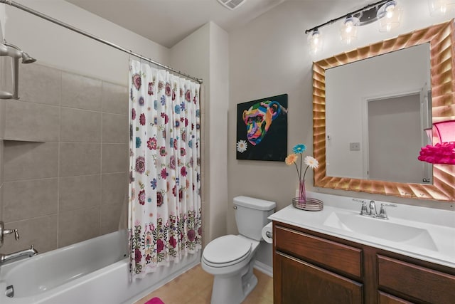 full bathroom featuring visible vents, toilet, vanity, and shower / bath combination with curtain