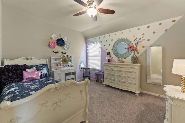 bedroom with baseboards, a ceiling fan, carpet flooring, and vaulted ceiling