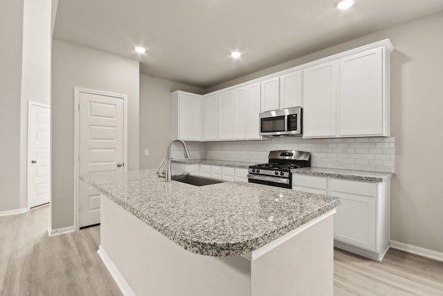 kitchen with light wood finished floors, decorative backsplash, a sink, and stainless steel appliances