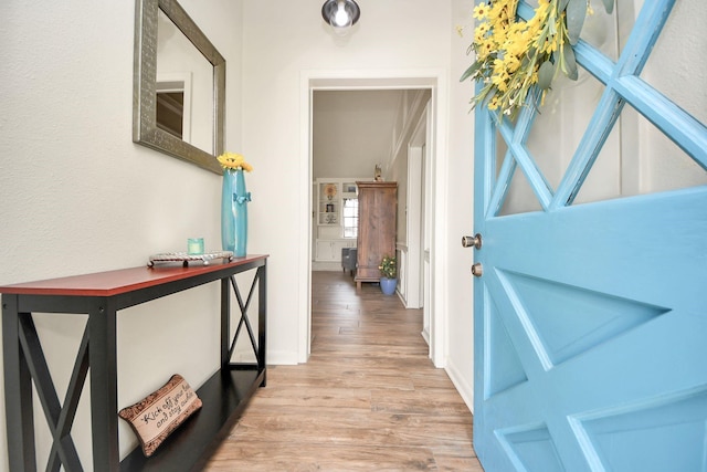 hall with baseboards and wood finished floors