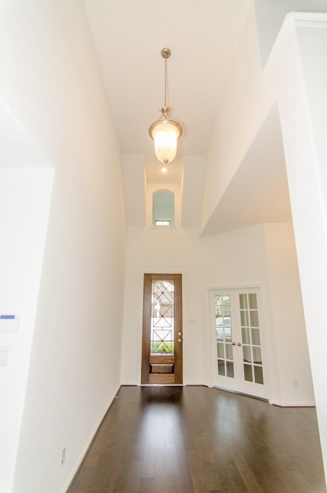 entrance foyer featuring a high ceiling, dark wood-style flooring, baseboards, and french doors