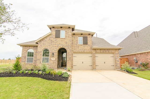 view of front of house with roof with shingles, driveway, a front yard, brick siding, and a garage