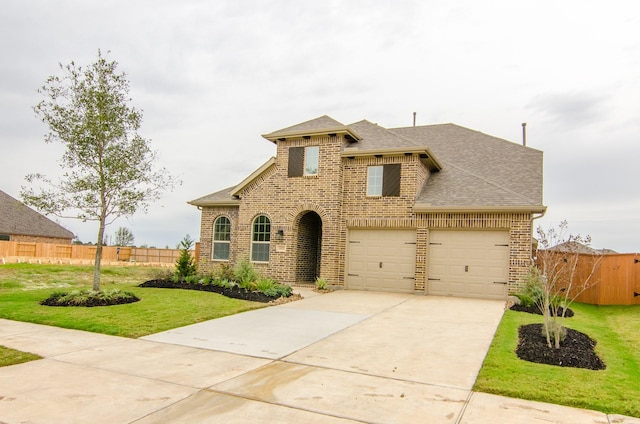 view of front of house with a front yard, fence, brick siding, and concrete driveway
