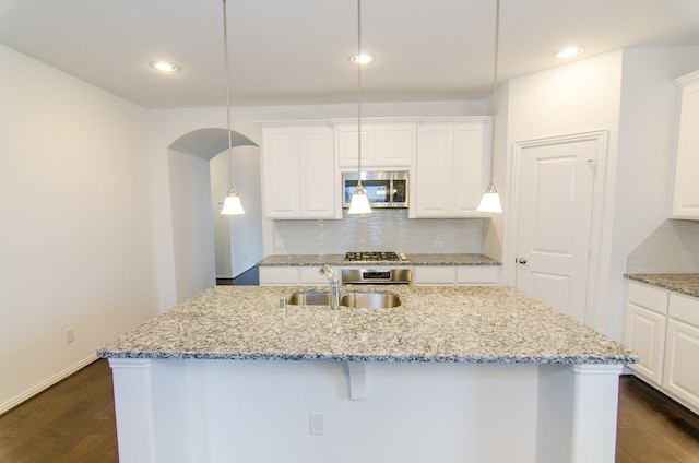 kitchen featuring decorative backsplash, dark wood finished floors, a sink, and appliances with stainless steel finishes
