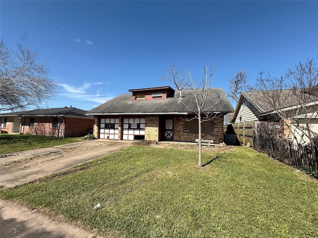 view of front of property featuring concrete driveway, an attached garage, fence, a front yard, and brick siding