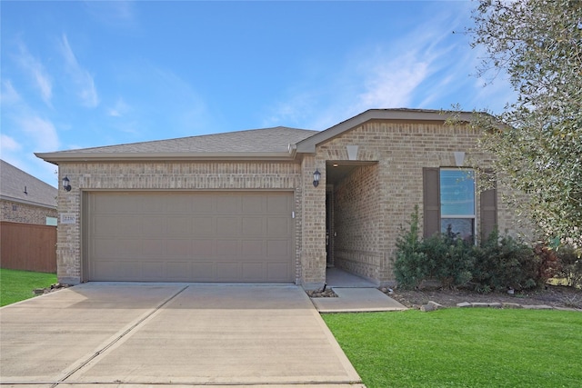 view of front of property with a garage, driveway, a shingled roof, a front lawn, and brick siding