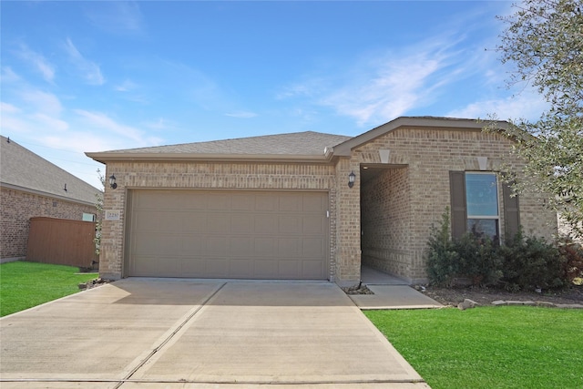 view of front of home with a shingled roof, concrete driveway, brick siding, and an attached garage