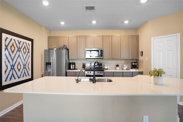 kitchen featuring visible vents, appliances with stainless steel finishes, a sink, a kitchen island with sink, and backsplash