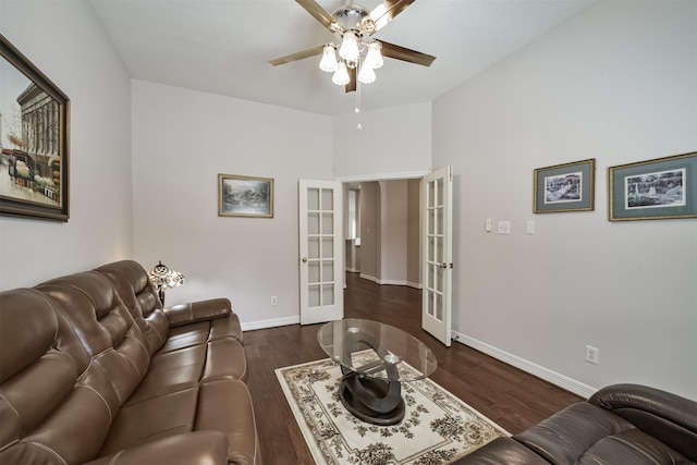 living room with french doors, baseboards, dark wood-type flooring, and ceiling fan