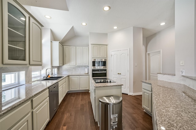 kitchen with dark wood-style floors, stainless steel appliances, glass insert cabinets, and a sink