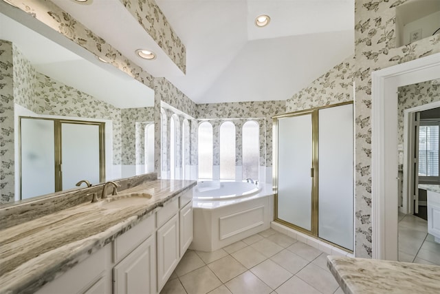 full bathroom featuring wallpapered walls, vaulted ceiling, tile patterned flooring, and a shower stall