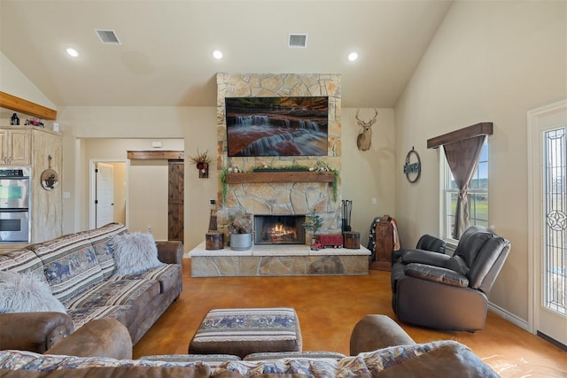 living area featuring carpet, a fireplace, visible vents, and recessed lighting