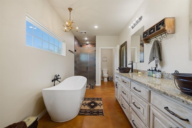 full bath featuring a soaking tub, visible vents, toilet, a shower stall, and vanity