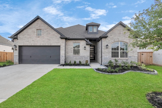 french country home with fence, a shingled roof, a front lawn, driveway, and brick siding