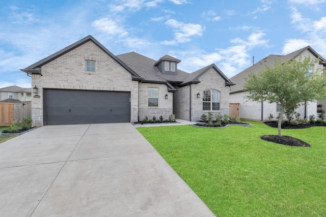 french country inspired facade featuring brick siding, fence, driveway, roof with shingles, and a front lawn