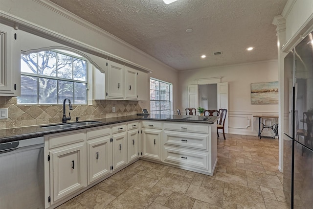 kitchen featuring stainless steel appliances, plenty of natural light, a sink, and a peninsula