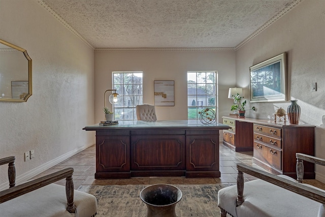 home office with baseboards, ornamental molding, a textured ceiling, and a textured wall