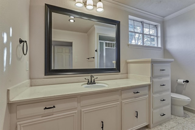 bathroom with crown molding, vanity, toilet, and an enclosed shower