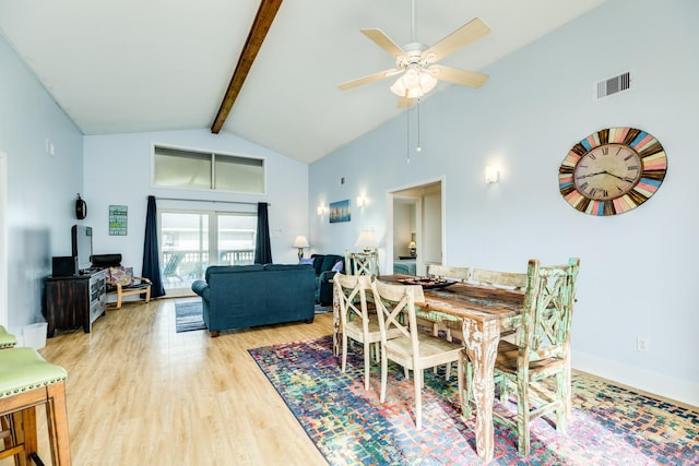 dining room with high vaulted ceiling, visible vents, baseboards, light wood-type flooring, and beamed ceiling