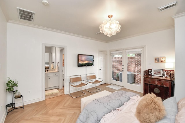 bedroom with ornamental molding, access to outside, visible vents, and an inviting chandelier