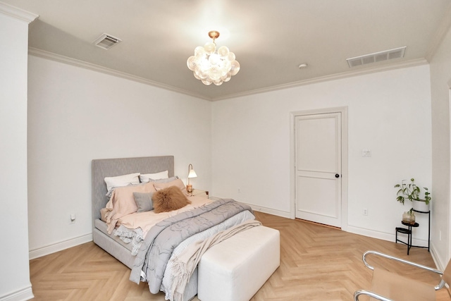 bedroom with baseboards, a notable chandelier, visible vents, and crown molding