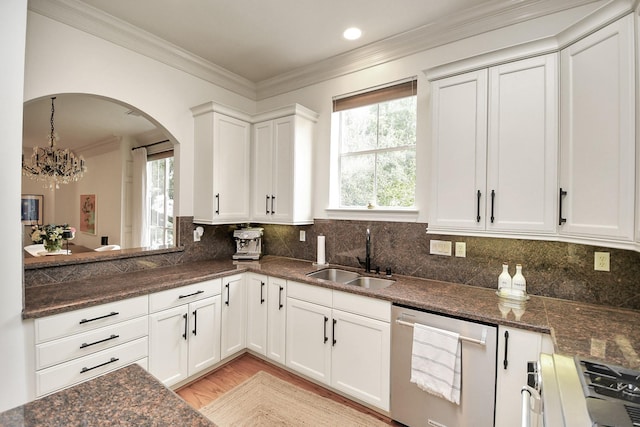 kitchen featuring crown molding, decorative backsplash, stainless steel dishwasher, white cabinets, and a sink