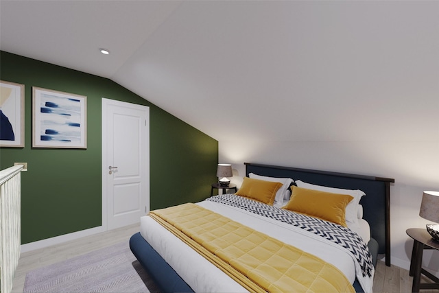 bedroom with light wood-type flooring, vaulted ceiling, baseboards, and recessed lighting