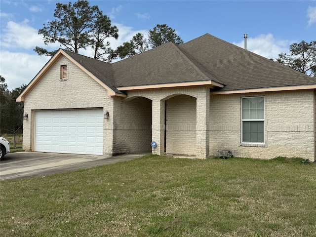 502 Idlewood Dr, Hitchcock, TX 77563 - view of front of property featuring driveway, a front yard, brick siding, a shingled roof, and a garage