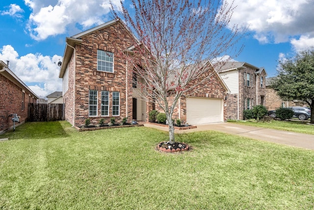 traditional-style home featuring a front lawn, fence, concrete driveway, an attached garage, and brick siding