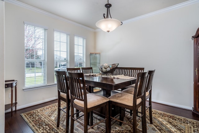 dining room featuring crown molding, a healthy amount of sunlight, dark wood-type flooring, and baseboards