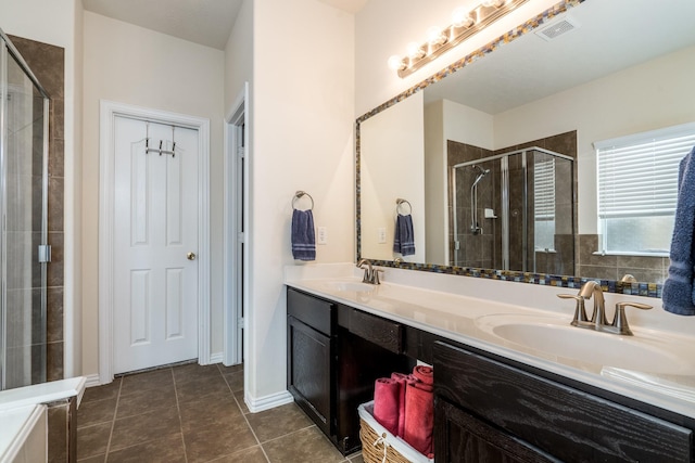 full bath with tile patterned flooring, a shower stall, visible vents, and a sink