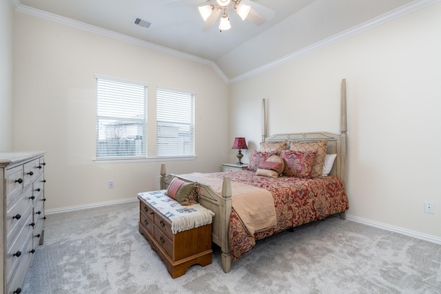 bedroom featuring visible vents, light carpet, baseboards, and crown molding