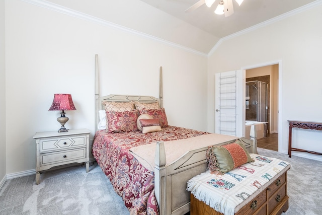 bedroom with ceiling fan, baseboards, carpet, lofted ceiling, and ornamental molding