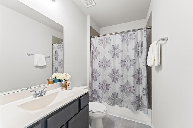 bathroom with shower / tub combo, visible vents, vanity, and toilet