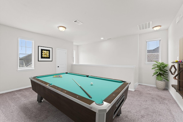 game room with carpet flooring, visible vents, and baseboards