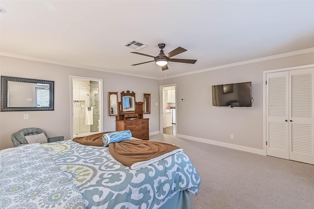 carpeted bedroom with baseboards, ceiling fan, visible vents, and crown molding