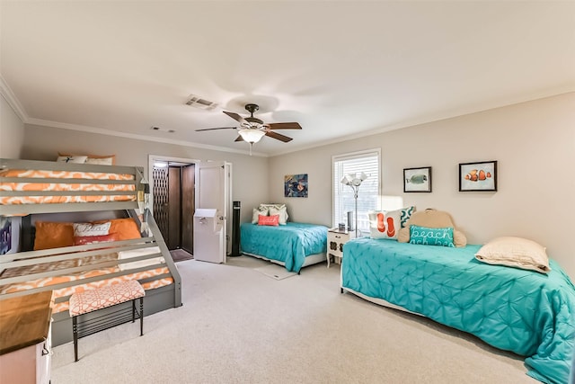 bedroom featuring visible vents, crown molding, light carpet, and ceiling fan