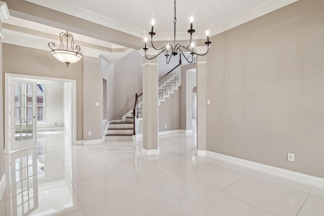 unfurnished dining area featuring stairs, crown molding, and arched walkways