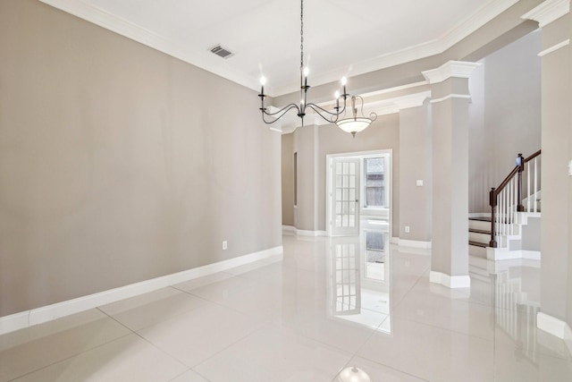 empty room featuring stairs, visible vents, light tile patterned flooring, and crown molding