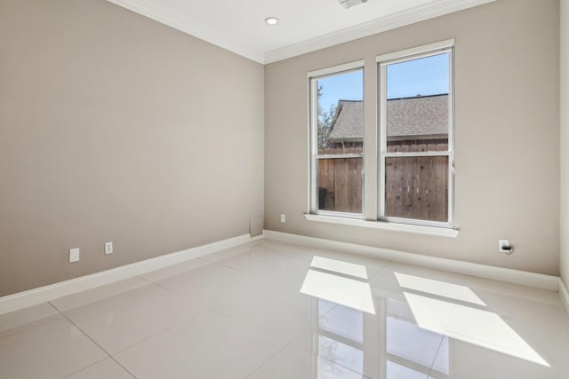 empty room featuring visible vents, recessed lighting, light tile patterned flooring, crown molding, and baseboards