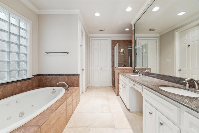 full bathroom with crown molding, visible vents, and a sink