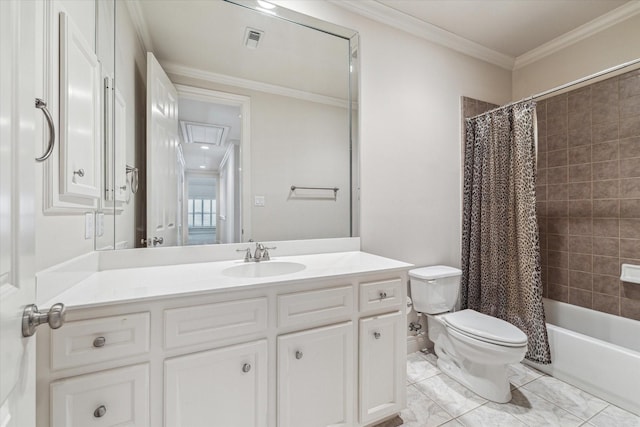 bathroom featuring toilet, visible vents, vanity, shower / bath combo with shower curtain, and crown molding