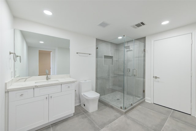 full bath featuring visible vents, toilet, tile patterned flooring, vanity, and a shower stall