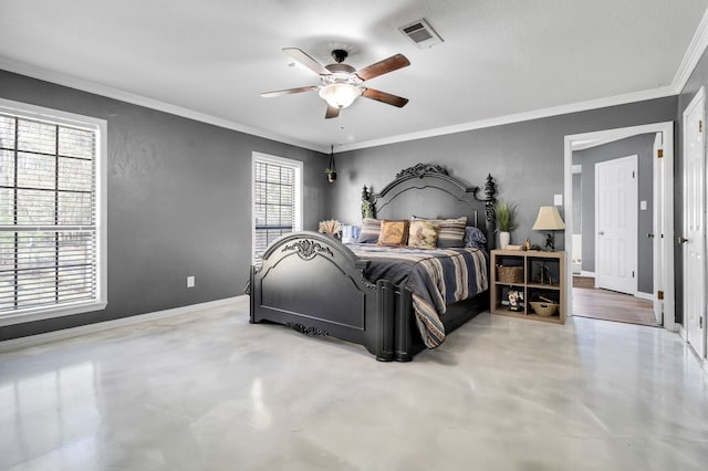 bedroom with crown molding, concrete floors, visible vents, and baseboards