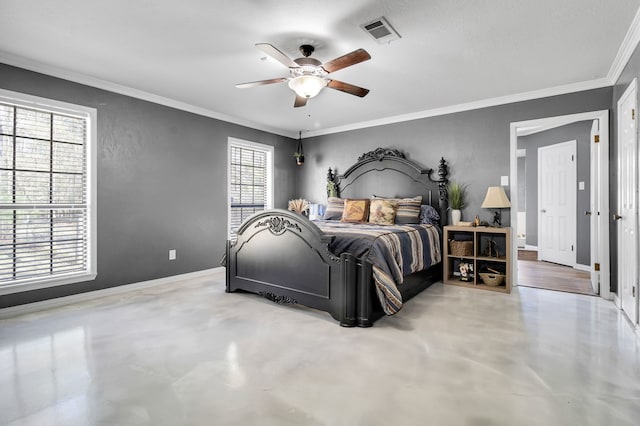 bedroom featuring finished concrete flooring, visible vents, ornamental molding, and baseboards