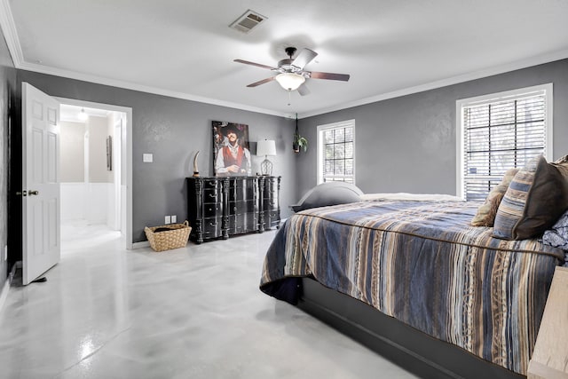 bedroom with finished concrete floors, crown molding, visible vents, baseboards, and a ceiling fan