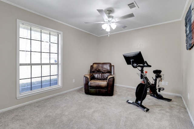 workout room with carpet floors, baseboards, visible vents, and crown molding